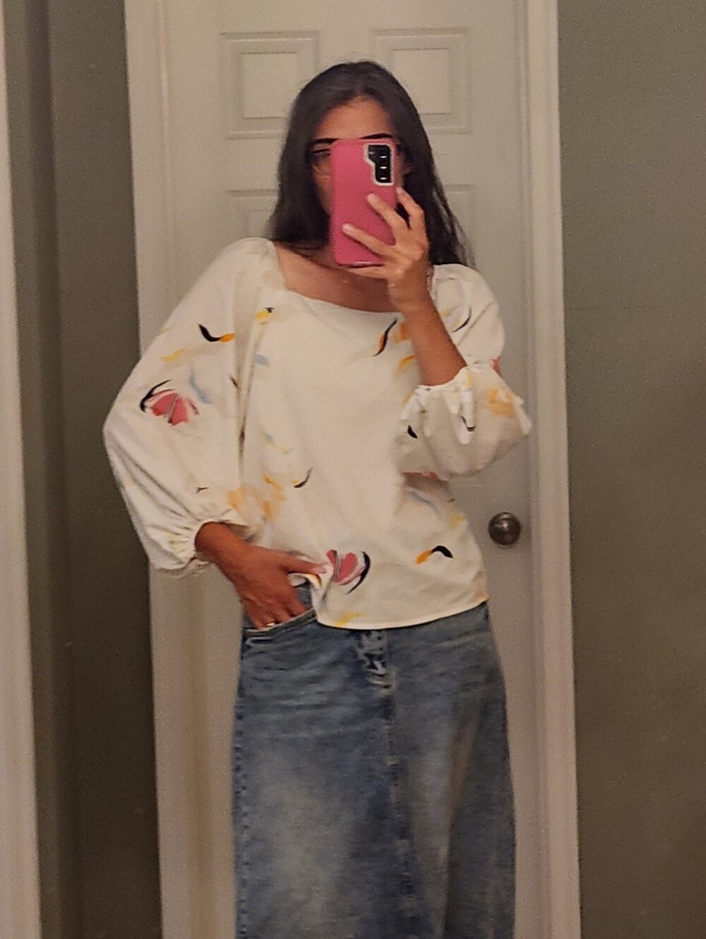 A New Day White Floral Square-Neck Long Sleeve Blouse Size M Unique Fit - Picture 6 of 14